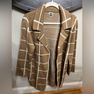 Anne Klein Women’s Tan And White Windowpane Check Cardigan Sweater, Size Large